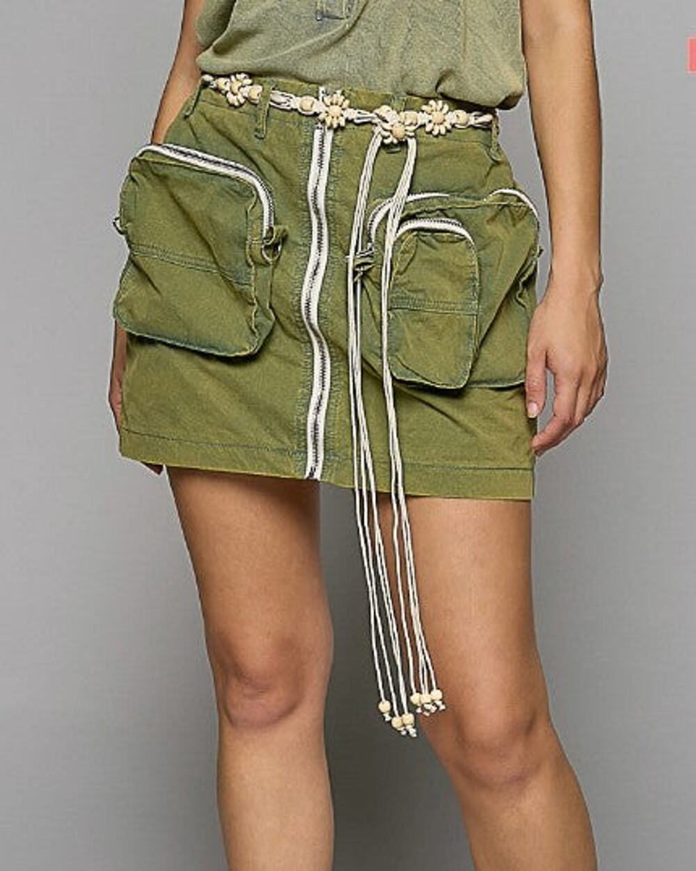 POL Cotton Cargo Utility Mini Skirt with Zip Pockets - Olive